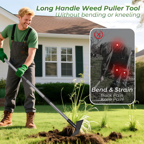 Two In One Weed Puller And Garden Hoe With Long Handle For Easy Weeding Heavy Duty Cast Steel Head And Stainless Shaft For Deep Root Dandelions And Crabgrass No Tool Switching Yard Tool, long handle for standing weeding