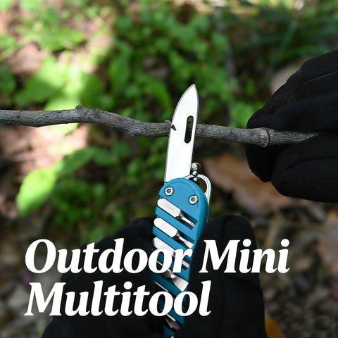 Using 7-In-1 EDC Pocket Knife Multitool for Keychain Quick Fixes, Outdoor Gear, and Daily Tasks, Blue, to cut a branch