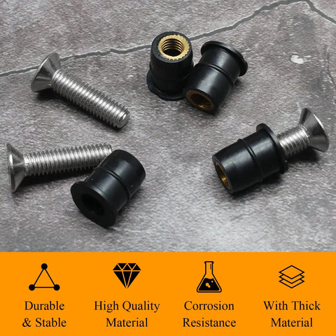 12 Pairs M6 Rubber Well Nuts Neoprene Expansion Kit With Brass Nuts And Stainless Steel Pozi Screws on textured surface