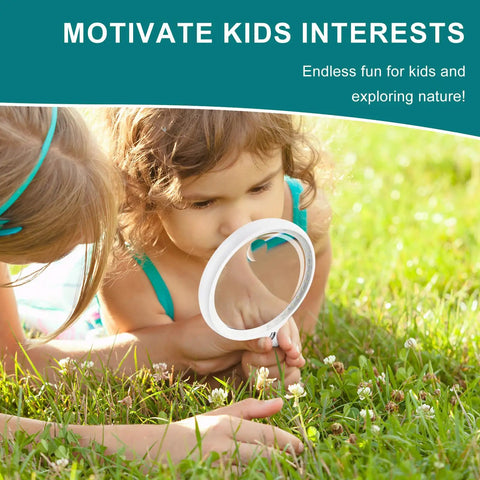 Two children using a large magnifying glass with 37 LED lights for close-up exploration of grass and nature, promoting interest.