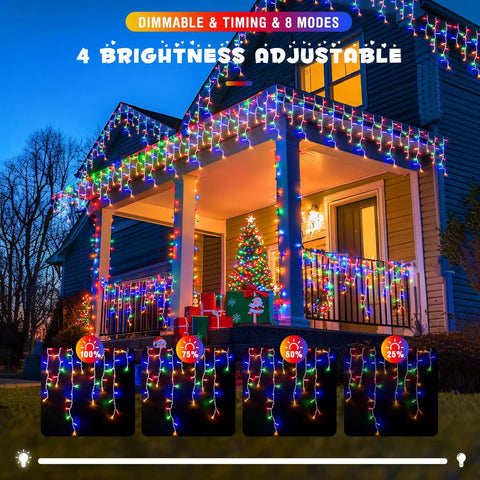 Epic 800 LED Icicle Christmas Lights Outdoor Plug In Multicolor With 160 Drops Waterproof 8 Modes on house porch