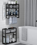 Over The Toilet Towel Rack And Bamboo Floating Shelf Adjustable Height Wall Mounted Dope Space Saving Bathroom Storage in black with toiletries and towels