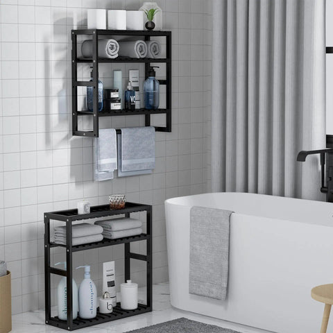 Over The Toilet Towel Rack And Bamboo Floating Shelf Adjustable Height Wall Mounted Dope Space Saving Bathroom Storage in black with toiletries and towels