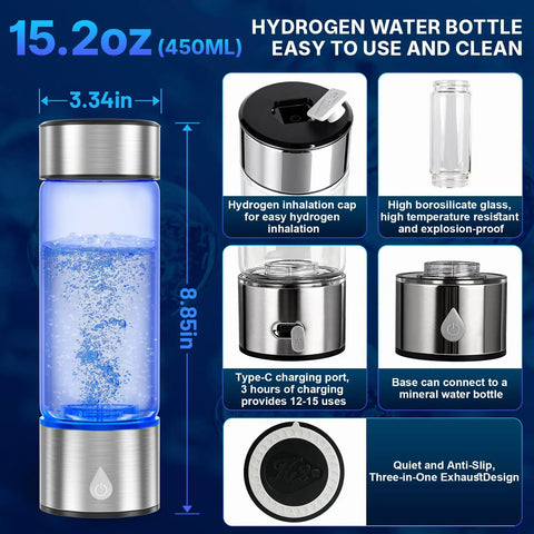 Portable Hydrogen Water Bottle Generator With Rechargeable Battery, On The Go Ionizer Using SPE PEM Technology For Clean Hydration