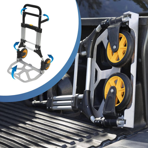 Beefy Folding Dolly With Aluminum Frame, 440 LB Capacity Hand Truck displayed folded in truck bed, rugged rubber wheels visible