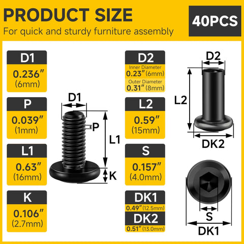 Dimensions of Sturdy M6 X 16mm Flat Head Hex Socket Cap Screws 20 Pack With Barrel Nuts, showing sizes for assembly.