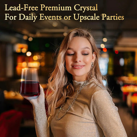 Stemless Wine Glass Set Of 4 Hand Made 16oz Crystal Red And White Wine Glasses For Everyday Use held by a woman at a party
