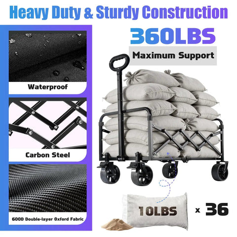 Foldable Heavy Duty Wagon Cart With 360 Swivel Wheels And Brakes For Groceries Beach Camping Garden Shopping And Sports 110L