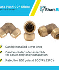 Three Quarter Inch 90 Degree Brass Push To Connect Elbow Plumbing Fitting For PEX Copper CPVC PERT HDPE Pipe with product info.