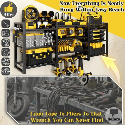Power Tool Organizer Wall Mount With Charging Station And Heavy-Duty Surge Protection, 10-Tier Tool Rack Holds 400 Lbs