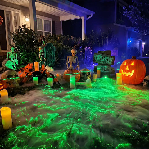 Green Laser Halloween Generator With Timer For Spooky Party Lighting And Fog Effects, Projects Bright Creepy Beams Across Marsh Fog To Create Epic Atmosphere And Endless Halloween Fun.