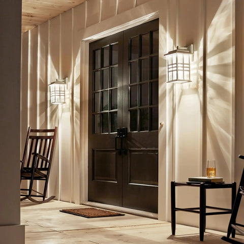 Front view of porch with Beacon Square Outdoor Wall Light In White 1 Light Exterior Sconce With Clear Hammered Glass Craftsman Style