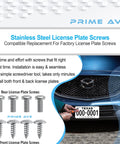 Stainless Steel License Plate Screws Set For Front And Rear Use, displayed with Mazda grill and license plate, 8 pack.