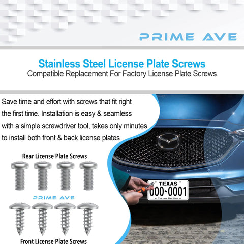 Stainless Steel License Plate Screws Set For Front And Rear Use, displayed with Mazda grill and license plate, 8 pack.