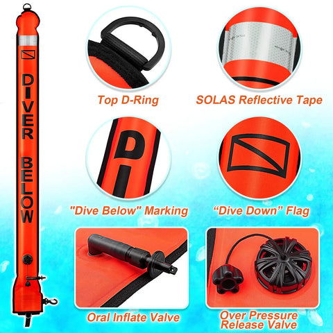 Must Have High Visibility Surface Marker Buoy With Reel For Scuba Diving Set Includes 5ft SMB and safety features in bright red