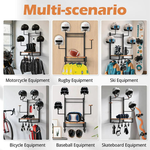 Heavy Duty Motorcycle Helmet Holder Wall Mount, Durable Timber Gear Storage Rack, Tough As Nails Bike Headgear Organizer For Your Garage Shop Or Rig Hangout Spot, showcasing multiple sports helmet storage options.