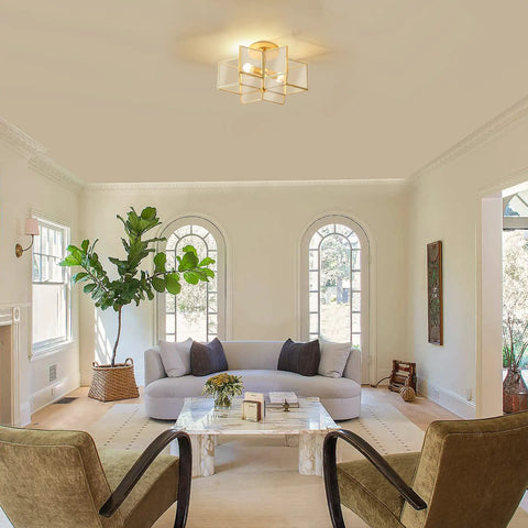Living room with Two Light Star Ceiling Light With Glass Shade In Modern Brass Finish Close To Ceiling Flush Mount Fixture