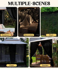 Multiple uses of 4 Corner Black Bed Canopy Curtains With Mosquito Net For Single Twin Full Size Beds, shown in various setups.