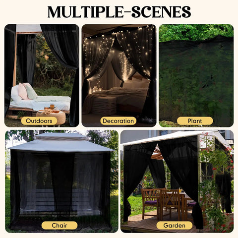 Multiple uses of 4 Corner Black Bed Canopy Curtains With Mosquito Net For Single Twin Full Size Beds, shown in various setups.