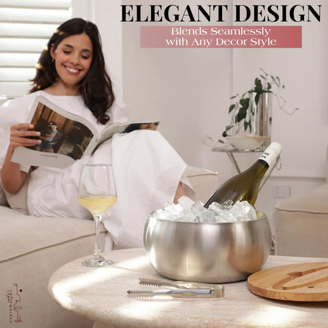 Large Double Wall Stainless Steel Ice Bucket With Lid And Tongs Bpa Free Drink Cooler maintaining wine chilled with ice.