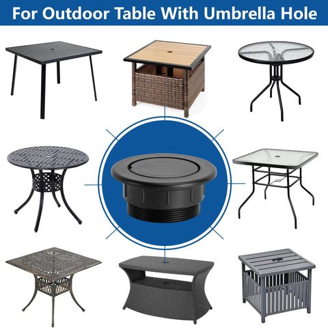 Two Pack 2 Inch Parasol Umbrella Hole Ring Plug And Cap Set For Outdoor Patio Tables with various table designs