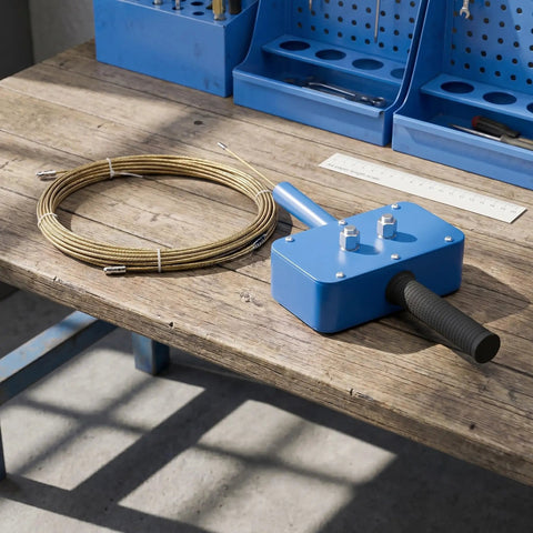 Pro Grade Power Drill Wire Puller With Heavy Duty Steel Body And Twenty Meter Fish Tape Included For Fast Track Conduit Threading No Sweat Cable Installation On Any Project Site on wooden table.