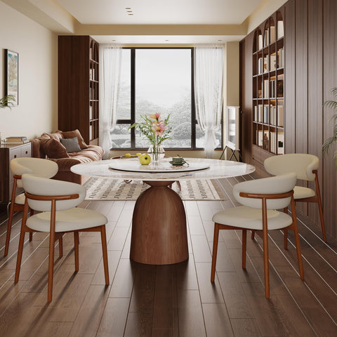 53 Inch Round Dining Table With Smooth Rotating Lazy Susan And Solid Hourglass Base Delivers A Clean Marble Look Top Crafted For Relaxed Weekend Hangouts Seats 6 To 8 In Brown in modern dining room setting.