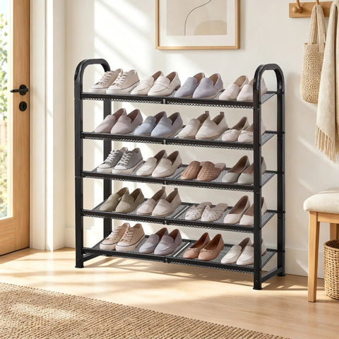 Sick Heavy Duty 5 Tier Metal Shoe Rack With Dense Mesh Shelves Holds All Your Kicks organized with various shoes displayed.