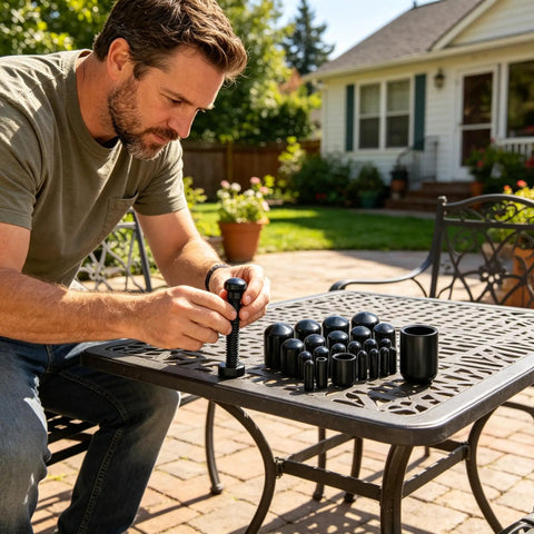 Heavy Duty Black Vinyl End Caps Assortment Kit With 40 Pieces For Multiple Sizes Including Quarter And Half Inch To Protect Furniture Legs And Metal Threads From Scratches While Keeping Your Home Projects Looking Fresh. Man fitting black vinyl end cap on metal table leg outdoors