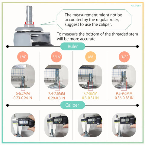 Measurement guide for 2 Inch Caster Wheels with 1/4 Inch Threaded Stem Swivel Casters and Brakes, tools for precise sizing.