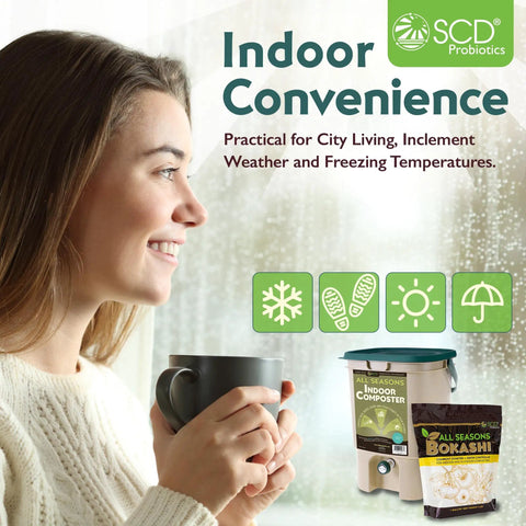 Indoor Composter Starter Kit For Kitchen With 5 Gallon Tan Bin Lid And Spigot Plus 1 Gallon Bag Of Dry Bokashi Bran pictured indoors