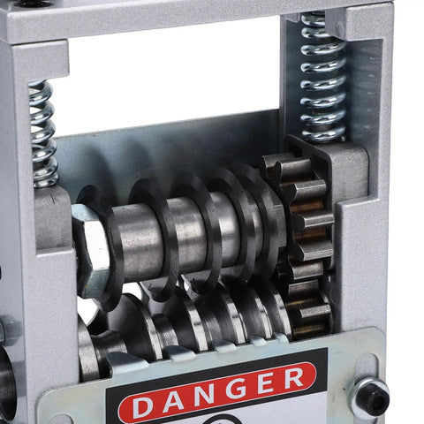 Detailed view of Rcniso 6 Hole Wire Stripping Machine Attachment For Electric Drill showing metal rollers and gears.