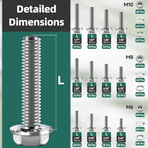 Metric Flange Bolt Kit 830pc Stainless Steel 304 M6 M8 M10 detailed dimensions with lengths and quantities shown