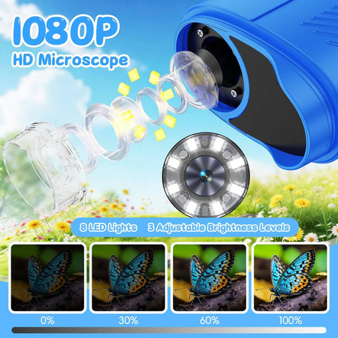 Kids Microscope Handheld Digital Microscope 200X to 1000X Zoom for Exploring Insects, Leaves, Rocks, Fabrics and More, Blue Color, Awesome Hands On STEM Learning Toy Gift for Curious Kid Scientists with 2.4-inch screen