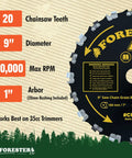 Close-up of 2 Pack Chainsaw Tooth Brush Cutter Blade, 9 inch diameter with 20 teeth, showing specs like max RPM and arbor size.