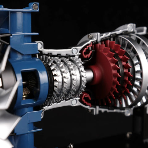 Close-up of Ultra Realistic Mini Metal Turbofan Engine Model Kit That Actually Runs showing metal gears and parts.