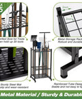 Heavy Duty Steel Garden Tool Organizer Rack For Garage And Shed With 35 Tool Slots, metal frame, shown with long-handled tools