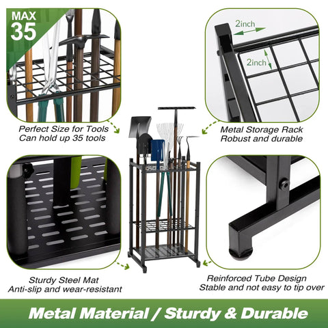 Heavy Duty Steel Garden Tool Organizer Rack For Garage And Shed With 35 Tool Slots, metal frame, shown with long-handled tools