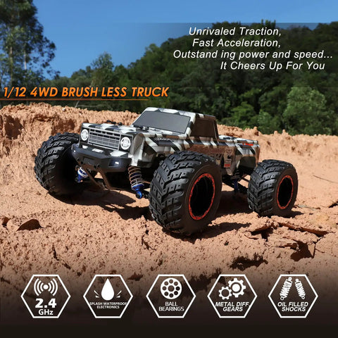 Off Road 1 By 12 Scale Brushless RC Monster Truck 4X4 Beasts on rough terrain with aluminum shocks and metal drive system