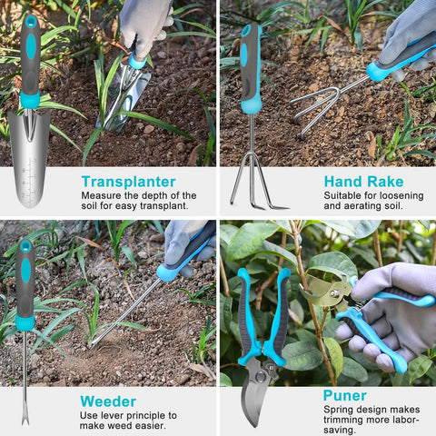 10 Piece Heavy Duty Stainless Steel Garden Tool Set With Ergonomic Rubber Handles All In One Yard Tools Kit For Digging Pruning Planting Weeding Raking And More Comes In Gift Box Awesome Gift For Women shown with tools in use