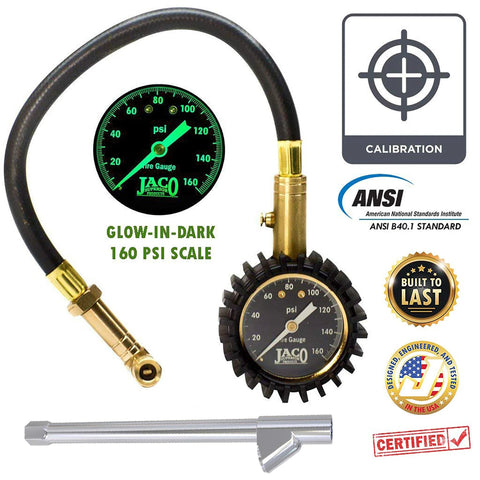 JACO EliteProPlus tire pressure gauge with dual air chuck and glow-in-dark 160 psi dial