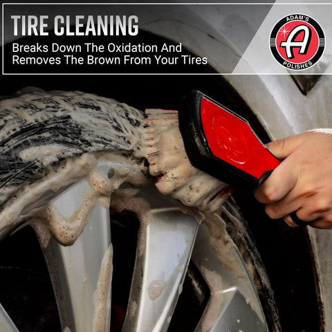 Wheel And Tire Cleaner Gallon All In One Car Wash For Wheels And Rims Safe On Most Rim Finishes Eliminates Dirt Browning And Brake Dust Ideal For Detailed Car Maintenance, shown cleaning a tire with a brush