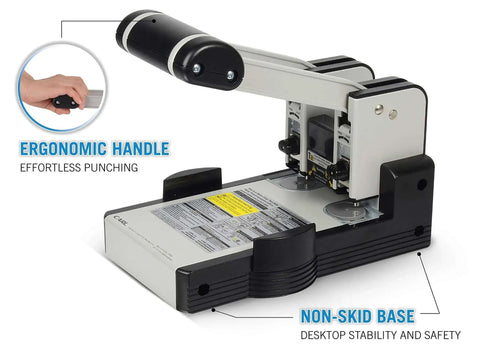 Heavy Duty Two Hole Paper Punch For 100 Sheets Of Paper With Hollow Core Technology And Samurai Steel Heads, ergonomic handle, non-skid base.