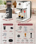 Premium Home Barista Combo Loaded With A 58Mm Commercial Style Espresso Maker And Precision Conical Burr Grinder for rich espresso.