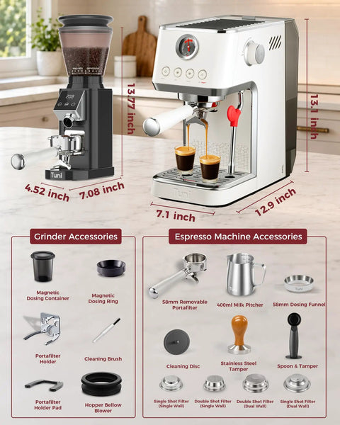 Premium Home Barista Combo Loaded With A 58Mm Commercial Style Espresso Maker And Precision Conical Burr Grinder for rich espresso.
