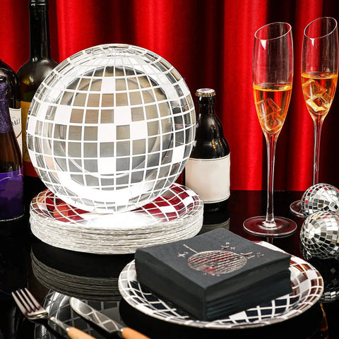 Disco Party Plates And Napkins Set For 100 Guests With Disco Ball Design displayed on table with drinks and red curtain backdrop.