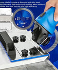 45 Degree Tile Chamfering Tool Kit For Angle Grinders With 5 Saw Blades 39 Inch Hose Gloves Screwdriver Washers Adapters And A Real Workhorse Tile Edging Cutter Set in use with a grinder cutting ceramic tile on a stand.