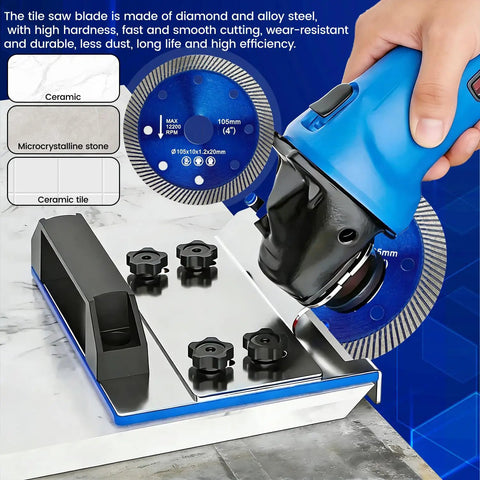45 Degree Tile Chamfering Tool Kit For Angle Grinders With 5 Saw Blades 39 Inch Hose Gloves Screwdriver Washers Adapters And A Real Workhorse Tile Edging Cutter Set in use with a grinder cutting ceramic tile on a stand.