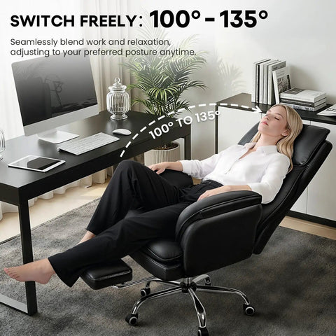 Big And Tall Leather Office Chair For Heavy Duty Comfort, 400 Lb Capacity, reclining with footrest in modern office setting.