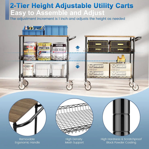 2-tier height adjustable utility carts with wheels and storage items on mesh shelves, ergonomic handle, metal frame